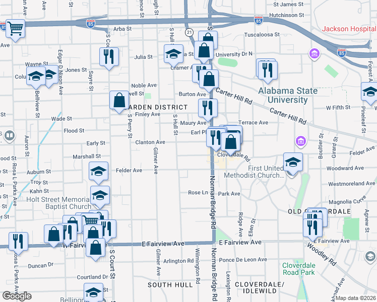 map of restaurants, bars, coffee shops, grocery stores, and more near 310 Cloverdale Road in Montgomery