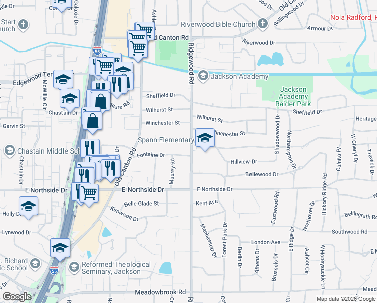 map of restaurants, bars, coffee shops, grocery stores, and more near 1535 Fontaine Drive in Jackson