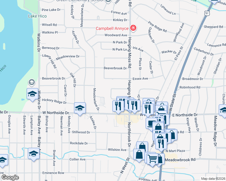 map of restaurants, bars, coffee shops, grocery stores, and more near 352 Northside Circle in Jackson