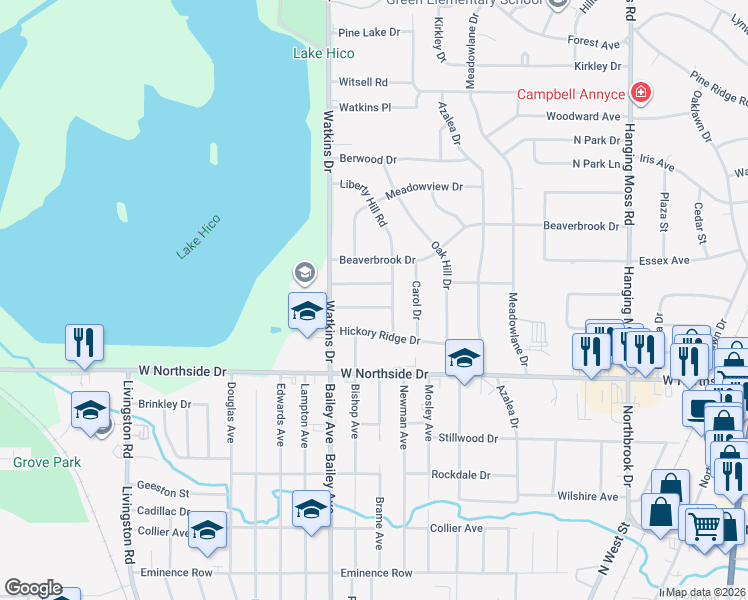 map of restaurants, bars, coffee shops, grocery stores, and more near 715 Kensington Place in Jackson