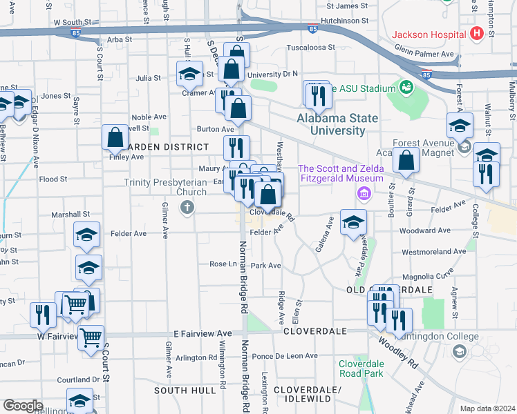 map of restaurants, bars, coffee shops, grocery stores, and more near 431 Cloverdale Road in Montgomery