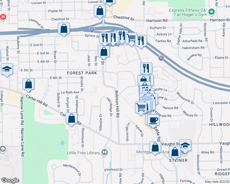 map of restaurants, bars, coffee shops, grocery stores, and more near 1734 Robison Hill Road in Montgomery