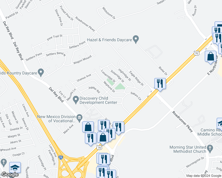 map of restaurants, bars, coffee shops, grocery stores, and more near 2330 Mars Avenue in Las Cruces