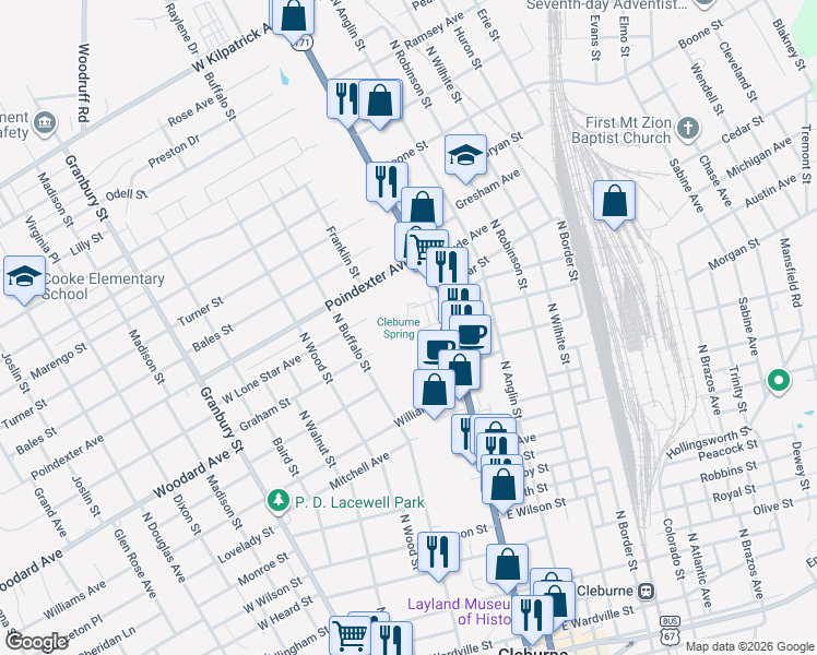map of restaurants, bars, coffee shops, grocery stores, and more near 211 Graham Street in Cleburne