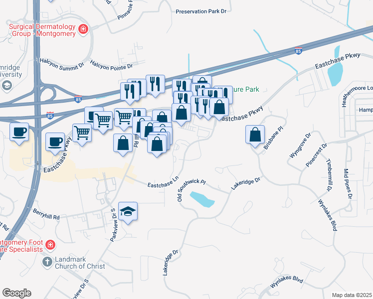map of restaurants, bars, coffee shops, grocery stores, and more near Eastchase Lane in Montgomery