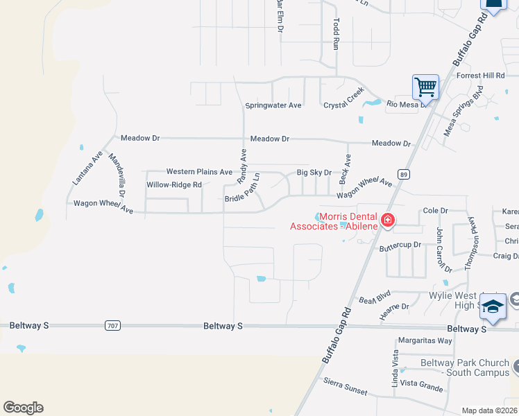 map of restaurants, bars, coffee shops, grocery stores, and more near 5189 Wagon Wheel Avenue in Abilene