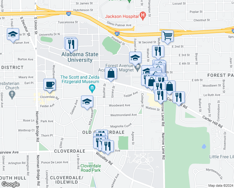 map of restaurants, bars, coffee shops, grocery stores, and more near 1221 Felder Avenue in Montgomery