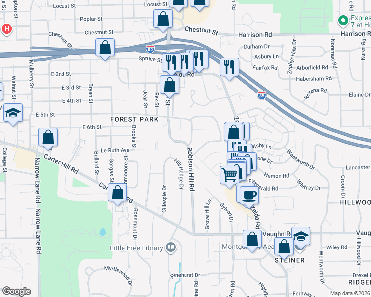 map of restaurants, bars, coffee shops, grocery stores, and more near 1742 Robison Hill Road in Montgomery