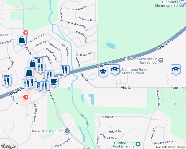 map of restaurants, bars, coffee shops, grocery stores, and more near 520 Vine Drive in Flowood