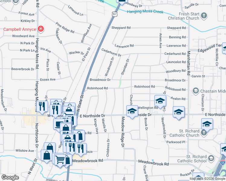 map of restaurants, bars, coffee shops, grocery stores, and more near 4650 Manila Drive in Jackson