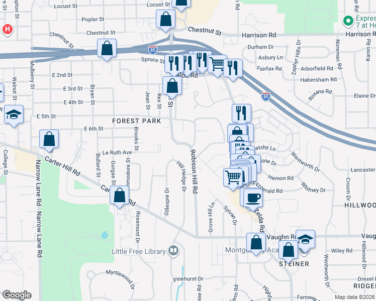 map of restaurants, bars, coffee shops, grocery stores, and more near 1742 Robison Hill Road in Montgomery