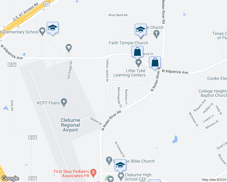 map of restaurants, bars, coffee shops, grocery stores, and more near 1604 Spring Branch Drive in Cleburne