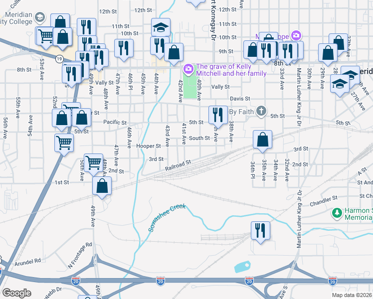 map of restaurants, bars, coffee shops, grocery stores, and more near 4018 Railroad Street in Meridian