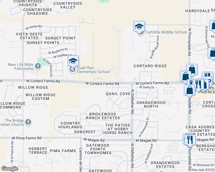 map of restaurants, bars, coffee shops, grocery stores, and more near 4398 West Veranda Street in Tucson
