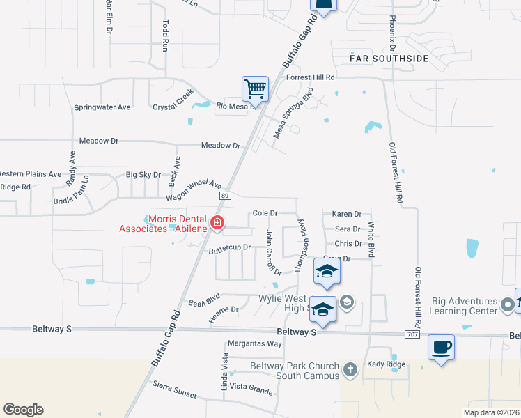 map of restaurants, bars, coffee shops, grocery stores, and more near 4506 Cole Drive in Abilene