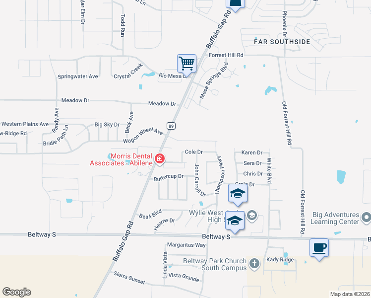 map of restaurants, bars, coffee shops, grocery stores, and more near 4518 Marlboro Drive in Abilene