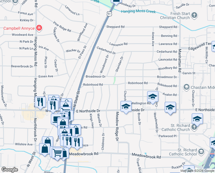 map of restaurants, bars, coffee shops, grocery stores, and more near 4650 Manila Drive in Jackson