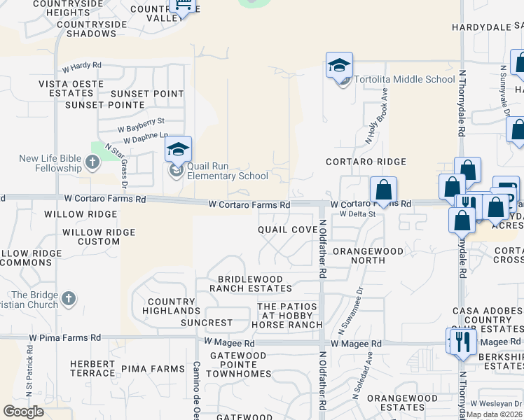 map of restaurants, bars, coffee shops, grocery stores, and more near 8369 North Veranda Place in Tucson
