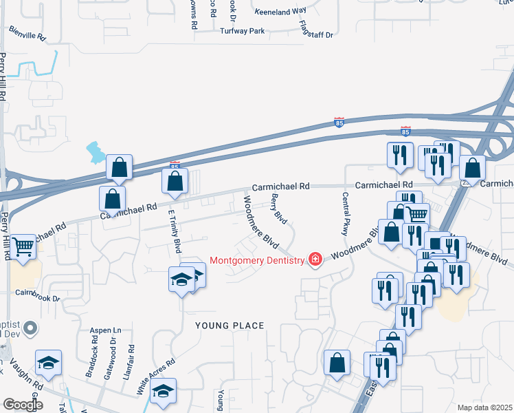 map of restaurants, bars, coffee shops, grocery stores, and more near 4344 Carmichael Road in Montgomery