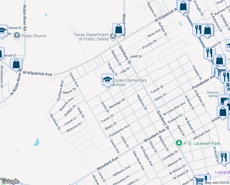 map of restaurants, bars, coffee shops, grocery stores, and more near 808 Eagles Nest Drive in Cleburne