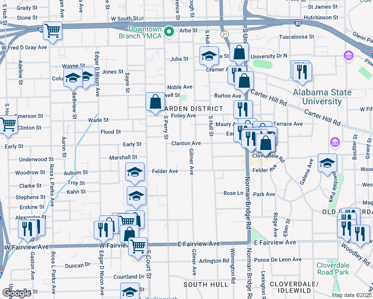 map of restaurants, bars, coffee shops, grocery stores, and more near 1446 Gilmer Avenue in Montgomery