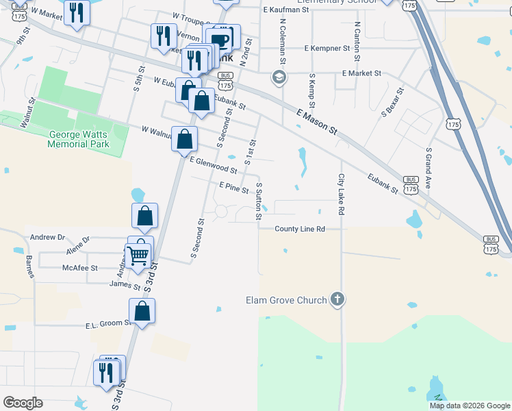 map of restaurants, bars, coffee shops, grocery stores, and more near 401 County Line Road in Mabank