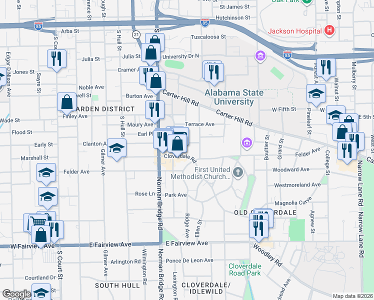 map of restaurants, bars, coffee shops, grocery stores, and more near 514 Cloverdale Road in Montgomery