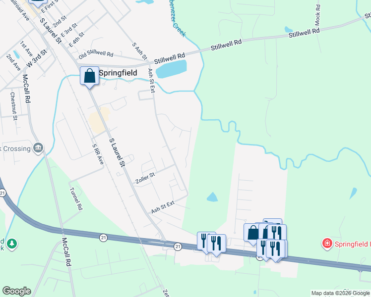 map of restaurants, bars, coffee shops, grocery stores, and more near 216 Stag Road in Springfield