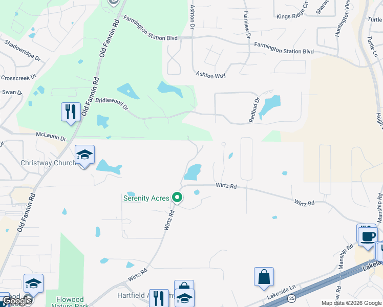 map of restaurants, bars, coffee shops, grocery stores, and more near 6145 Wirtz Road in Flowood