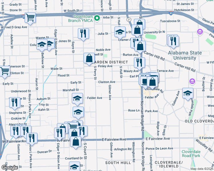 map of restaurants, bars, coffee shops, grocery stores, and more near 1446 Gilmer Avenue in Montgomery