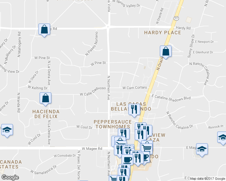 map of restaurants, bars, coffee shops, grocery stores, and more near 534 West Faith Dawn Court in Tucson