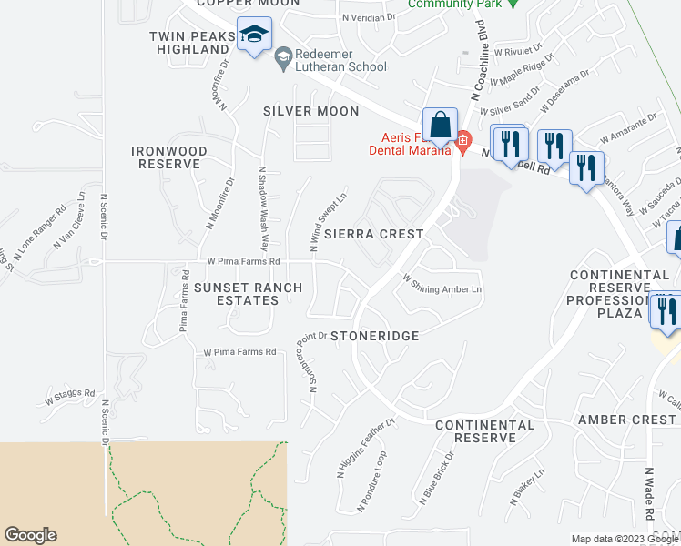 map of restaurants, bars, coffee shops, grocery stores, and more near 8369 North Rocky View Lane in Tucson