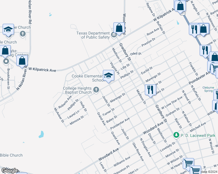 map of restaurants, bars, coffee shops, grocery stores, and more near 901 Phillips Street in Cleburne