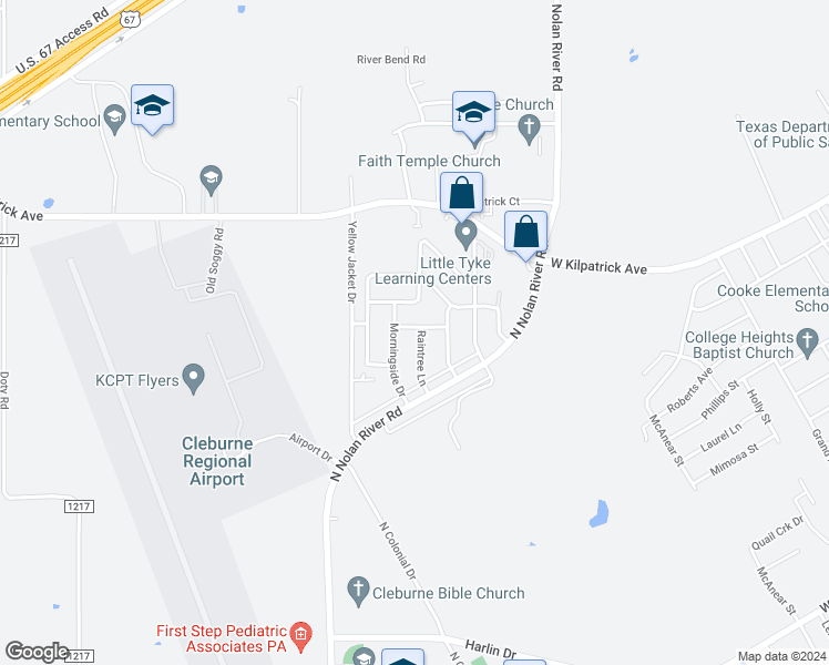 map of restaurants, bars, coffee shops, grocery stores, and more near 1517 Raintree Lane in Cleburne