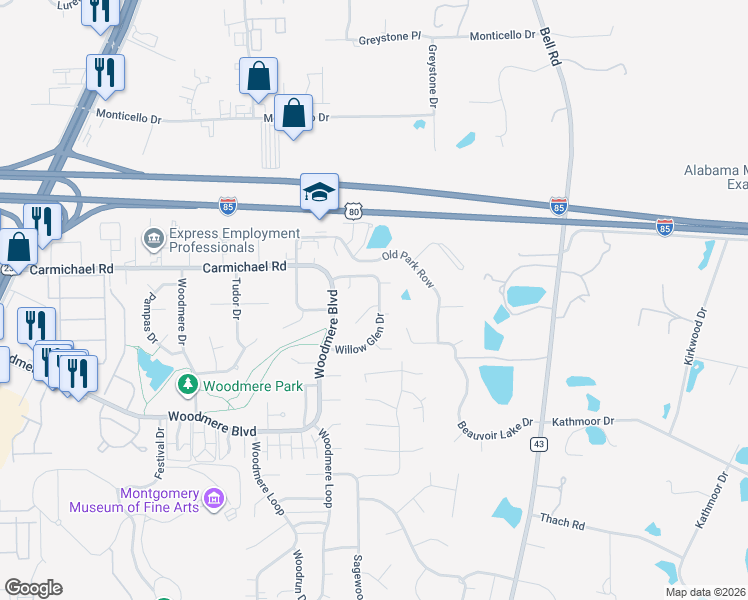 map of restaurants, bars, coffee shops, grocery stores, and more near 6307 Willow Glen Drive in Montgomery