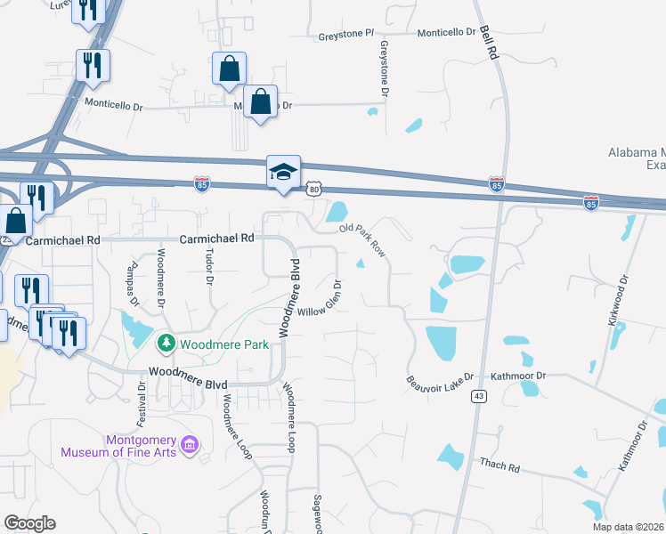 map of restaurants, bars, coffee shops, grocery stores, and more near 6201 Stillbrook Lane in Montgomery