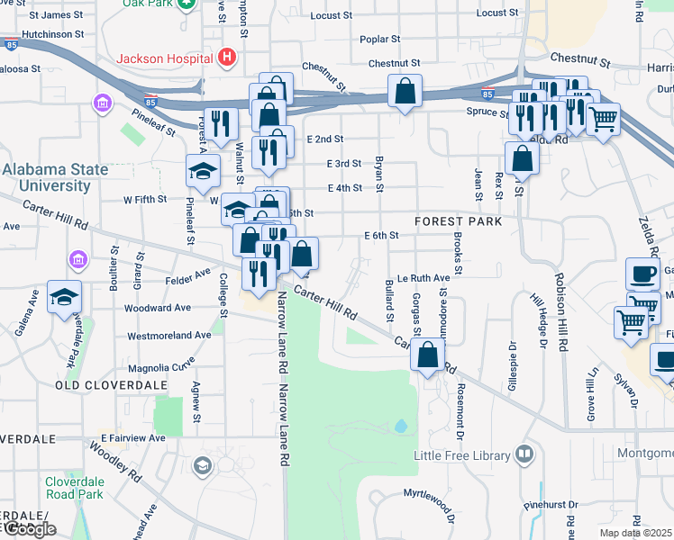 map of restaurants, bars, coffee shops, grocery stores, and more near 2020 North Country Club Drive in Montgomery