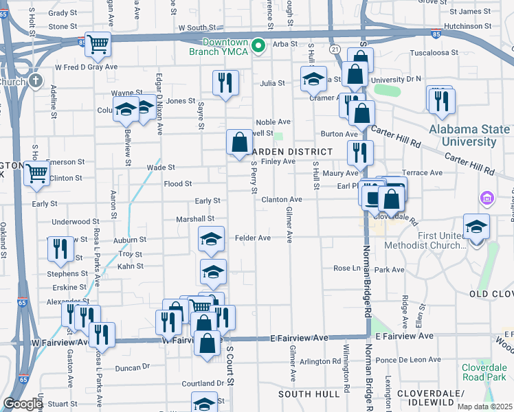 map of restaurants, bars, coffee shops, grocery stores, and more near 1324 South Perry Street in Montgomery