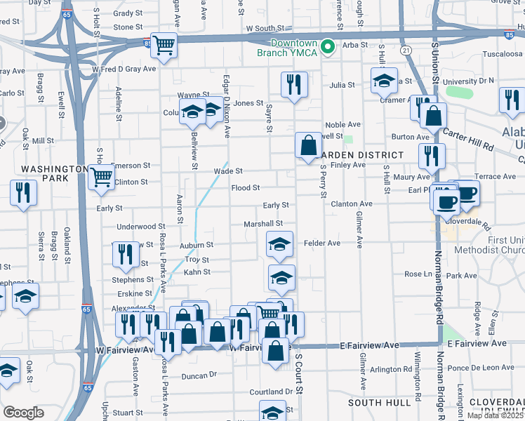 map of restaurants, bars, coffee shops, grocery stores, and more near 108 Early Street in Montgomery