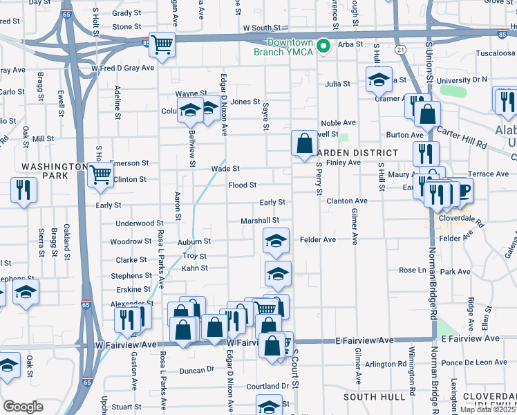 map of restaurants, bars, coffee shops, grocery stores, and more near 108 Early Street in Montgomery