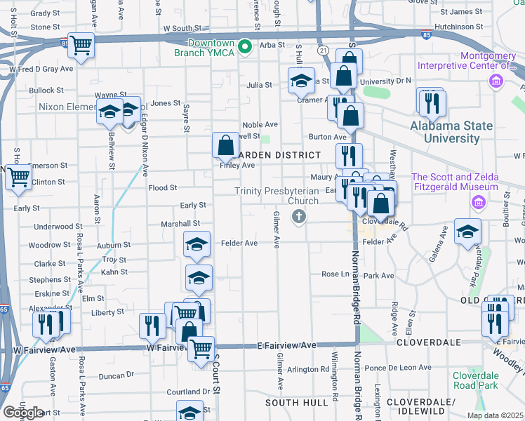 map of restaurants, bars, coffee shops, grocery stores, and more near 144 Clanton Avenue in Montgomery