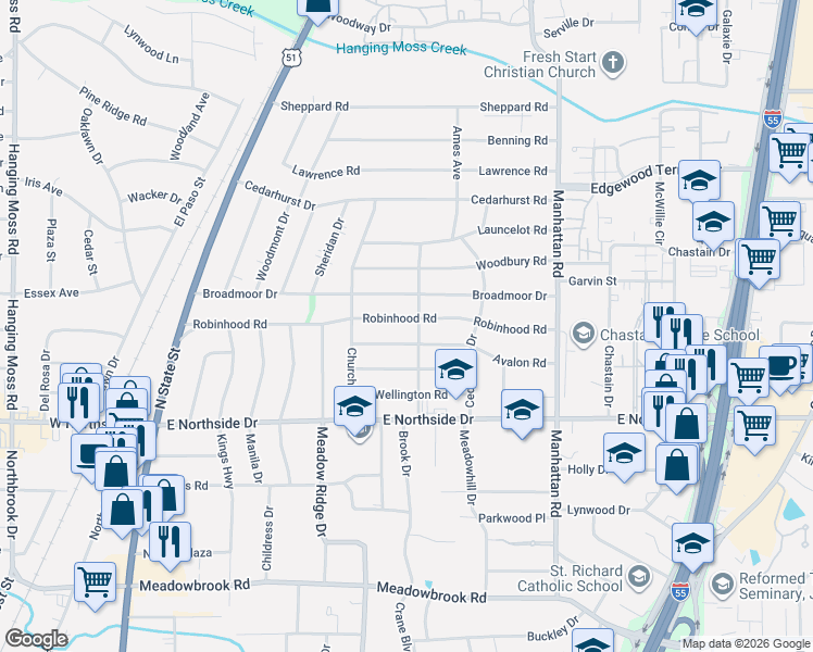 map of restaurants, bars, coffee shops, grocery stores, and more near 543 Broadmoor Drive in Jackson