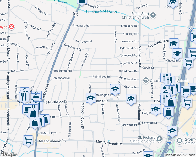 map of restaurants, bars, coffee shops, grocery stores, and more near 543 Broadmoor Drive in Jackson