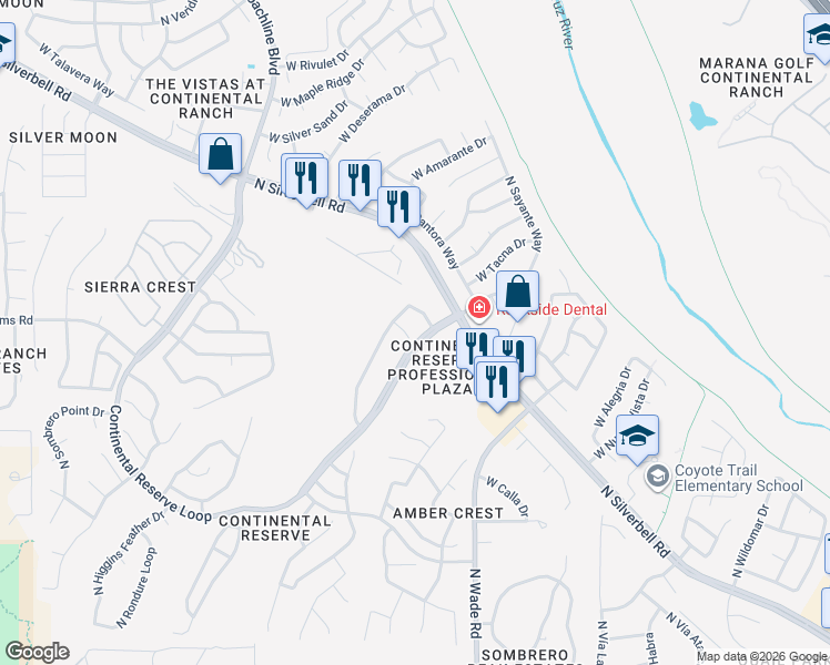 map of restaurants, bars, coffee shops, grocery stores, and more near 7107 West Glowing Star Drive in Tucson