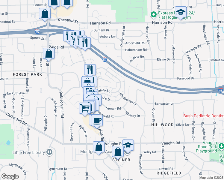 map of restaurants, bars, coffee shops, grocery stores, and more near Gatsby Ct in Montgomery