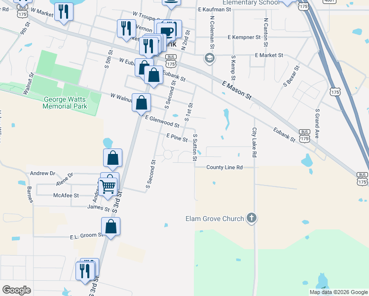 map of restaurants, bars, coffee shops, grocery stores, and more near 300 East Pine Street in Mabank