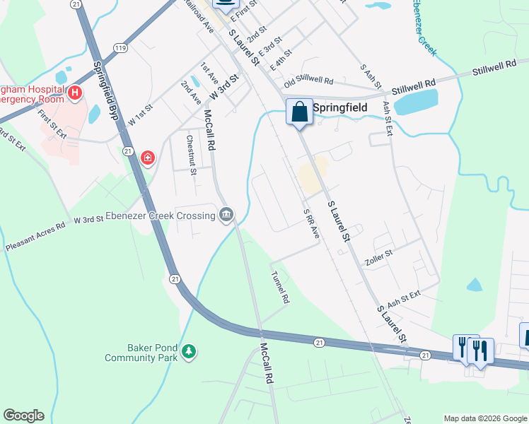 map of restaurants, bars, coffee shops, grocery stores, and more near 419 McCall Road in Springfield