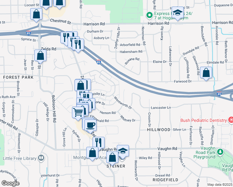 map of restaurants, bars, coffee shops, grocery stores, and more near 3216 Gatsby Lane in Montgomery