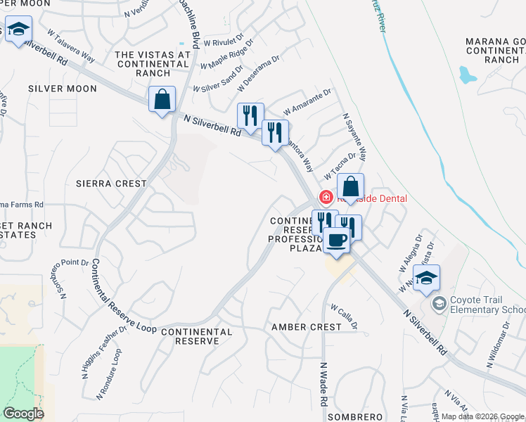map of restaurants, bars, coffee shops, grocery stores, and more near 8371 North Amber Burst Drive in Tucson
