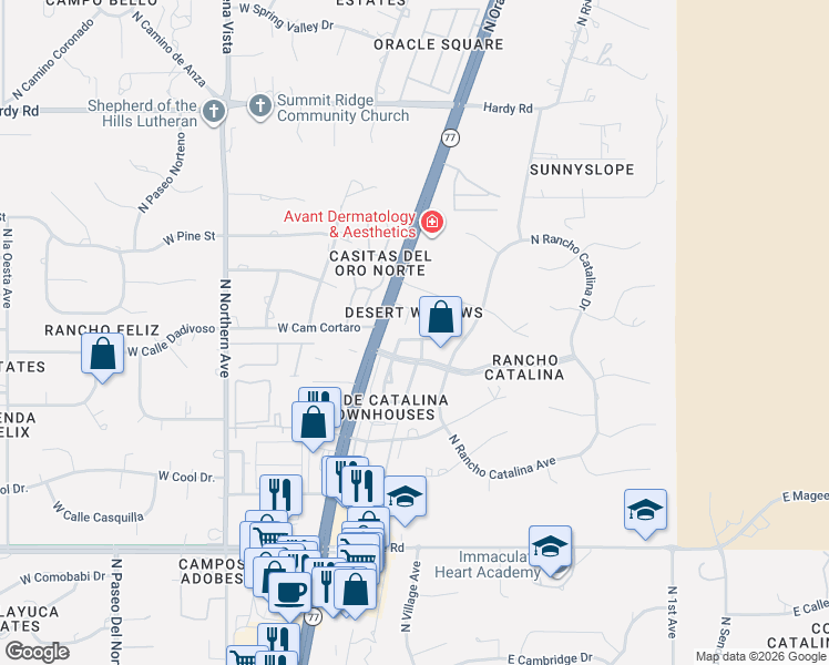 map of restaurants, bars, coffee shops, grocery stores, and more near 8422 North Hanks Place in Tucson